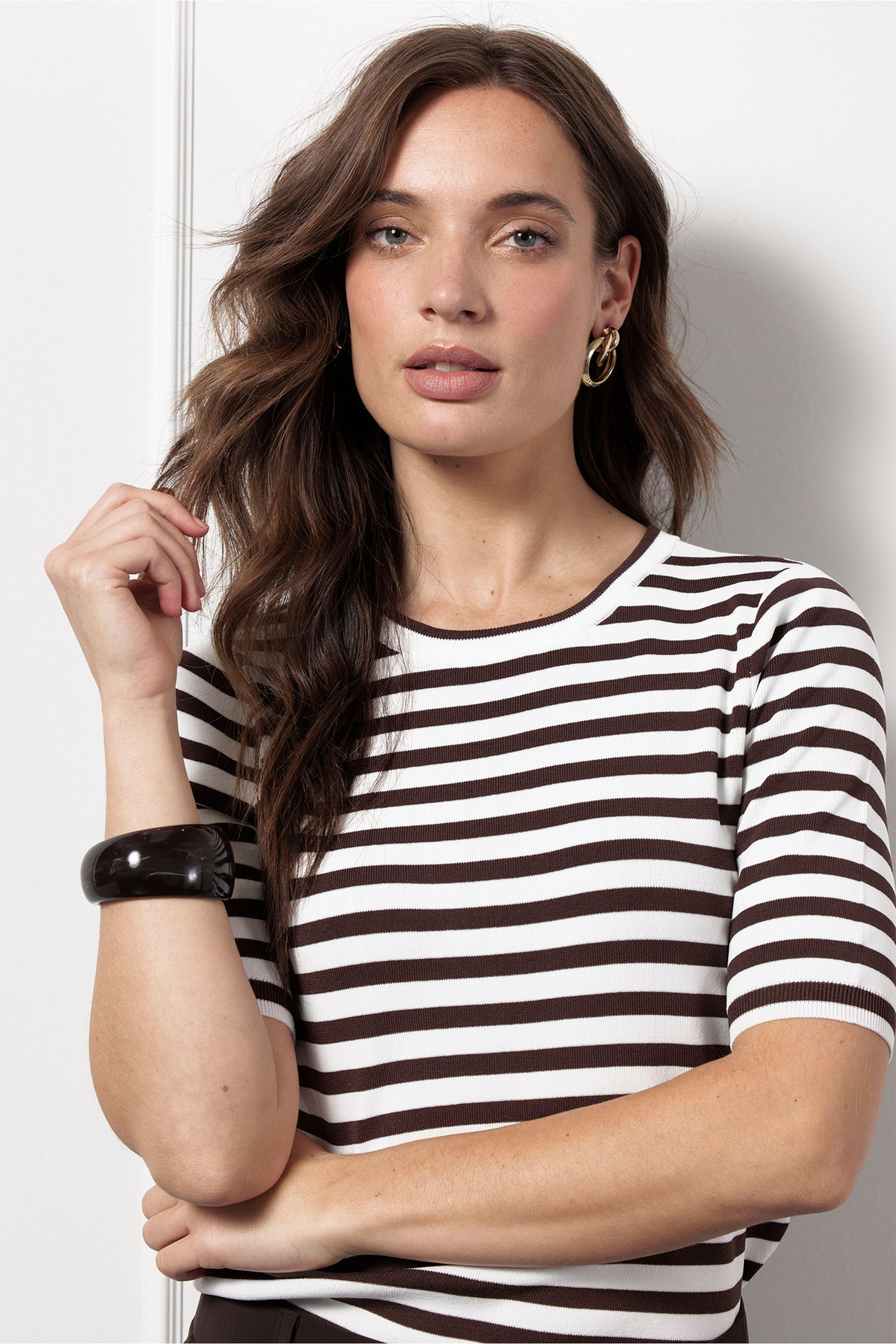 Studio Anneloes Luna SSL Stripe Pullover Offwhite/Espresso, gestreepte pullover in offwhite en espresso